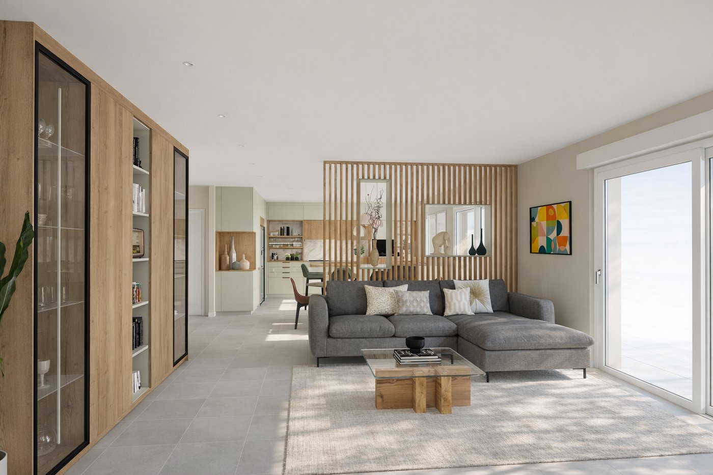 Pièce de vie salon claustra bois — Atelier Genèse Chagny